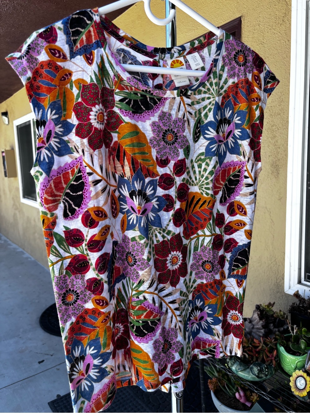 100% Linen Tshirt Top Sleeveless Bright Floral Full Button Back Size M - Picture 5 of 13
